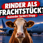 Rinder-Langstreckentransporte über den Flughafen Linz-Hörsching: Eine Kuh blickt nachdenklich in die Kamera vor der Kulisse eines Frachtflugzeugs bei den Rinder-Langstreckentransporten über den Flughafen Linz-Hörsching.