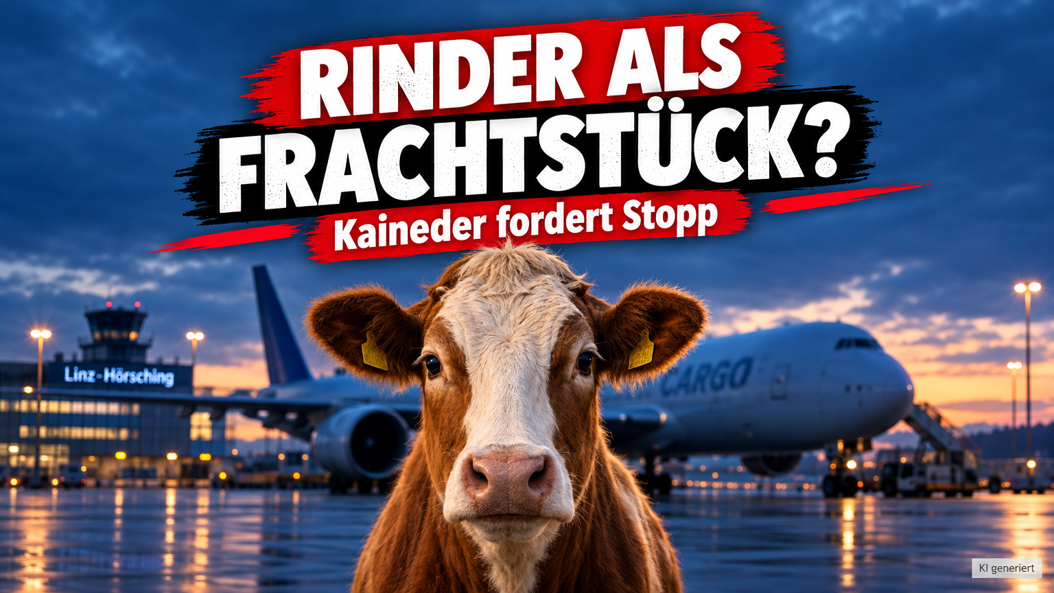 Rinder-Langstreckentransporte über den Flughafen Linz-Hörsching: Eine Kuh blickt nachdenklich in die Kamera vor der Kulisse eines Frachtflugzeugs bei den Rinder-Langstreckentransporten über den Flughafen Linz-Hörsching.