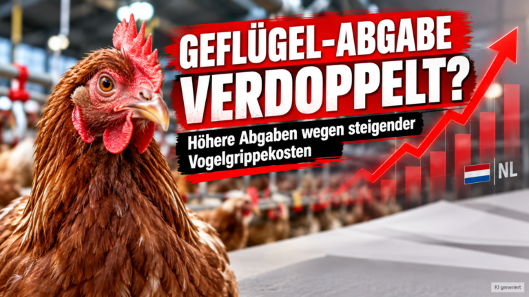 Niederlande erhöhen Abgabe für Geflügel-Gesundheitsfonds: Ein gesundes Huhn in einem modernen Geflügelbetrieb vor einer Grafik, die zeigt, wie die Niederlande die Abgabe für den Geflügel-Gesundheitsfonds erhöhen.