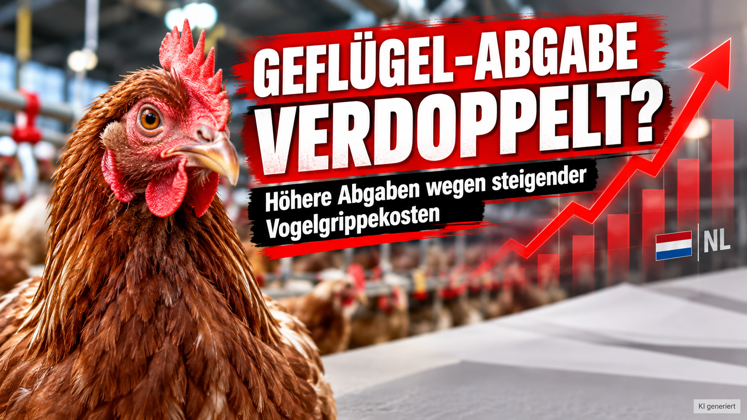 Niederlande erhöhen Abgabe für Geflügel-Gesundheitsfonds: Ein gesundes Huhn in einem modernen Geflügelbetrieb vor einer Grafik, die zeigt, wie die Niederlande die Abgabe für den Geflügel-Gesundheitsfonds erhöhen.