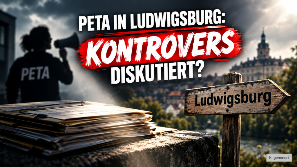 Journalistische Darstellung zur Peta-Kritik in Ludwigsburg mit Megafon und lokalen Zeitungsberichten