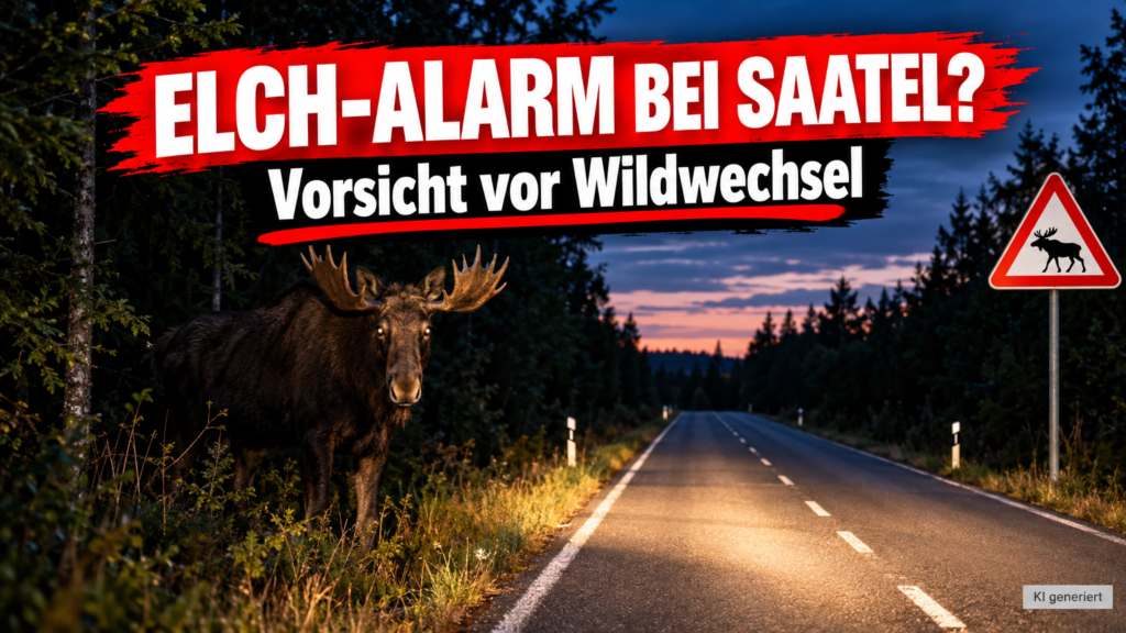 Ein majestätischer Elch bei Saatel gesichtet, der am Waldrand steht und Autofahrer zu erhöhter Vorsicht mahnt.