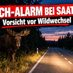 Ein majestätischer Elch bei Saatel gesichtet, der am Waldrand steht und Autofahrer zu erhöhter Vorsicht mahnt.