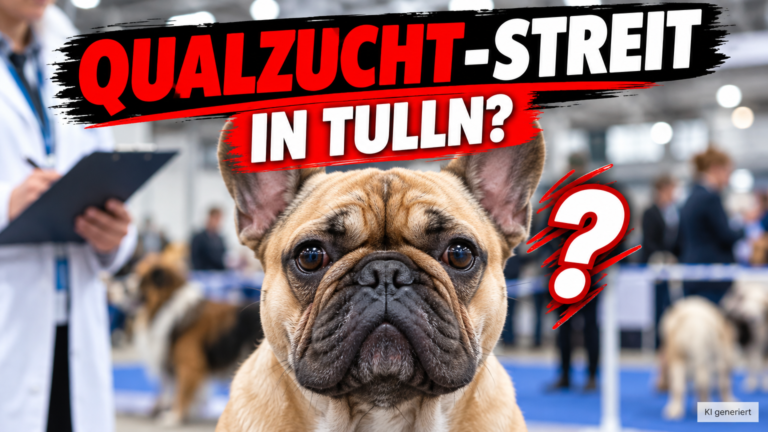 Ein Hund mit markanten Rassemerkmalen bei einer Hundeschau in Tulln, wo Qualzucht-Vorwürfe bei der Hundeschau in Tulln für Diskussionen sorgen.