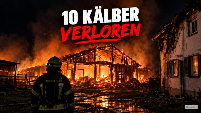 Zehn Kälber sterben bei Stallbrand in Tewel: Einsatzkräfte vor den Trümmern, nachdem zehn Kälber bei einem Stallbrand in Tewel ums Leben kamen.