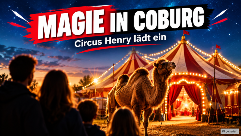 Ein majestätisches Kamel vor dem beleuchteten Zelt vom Zirkus Henry in Coburg bei Dämmerung.
