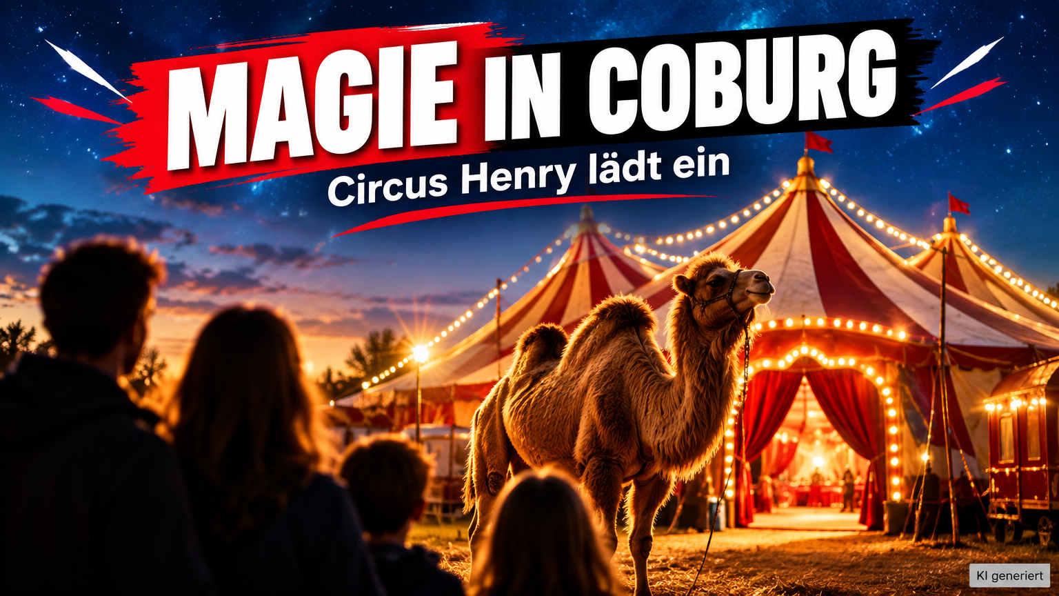 Ein majestätisches Kamel vor dem beleuchteten Zelt vom Zirkus Henry in Coburg bei Dämmerung.