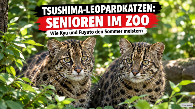 Zwei betagte Tsushima-Leopardkatzen ruhen entspannt im grünen Gehege des Inokashira Park Zoos.
