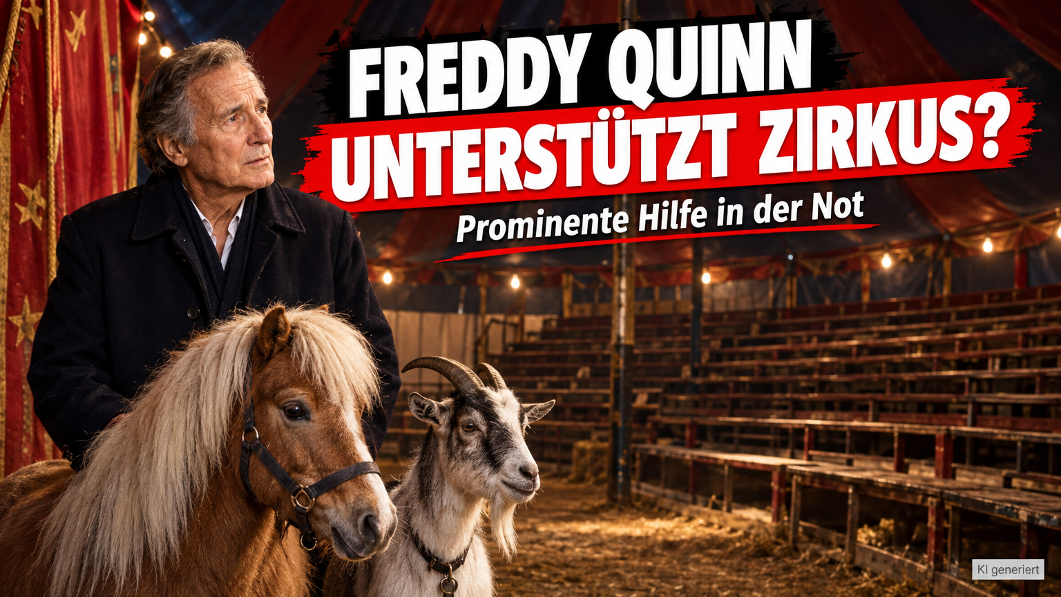 Freddy Quinn unterstützt Zirkus Traber in einem traditionellen Zirkuszelt vor leeren Rängen.
