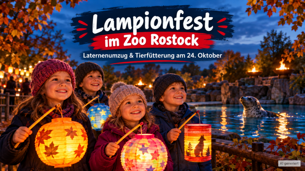 Kinder mit leuchtenden Laternen beim Lampionfest im Zoo Rostock 2026 vor einem Robbenbecken