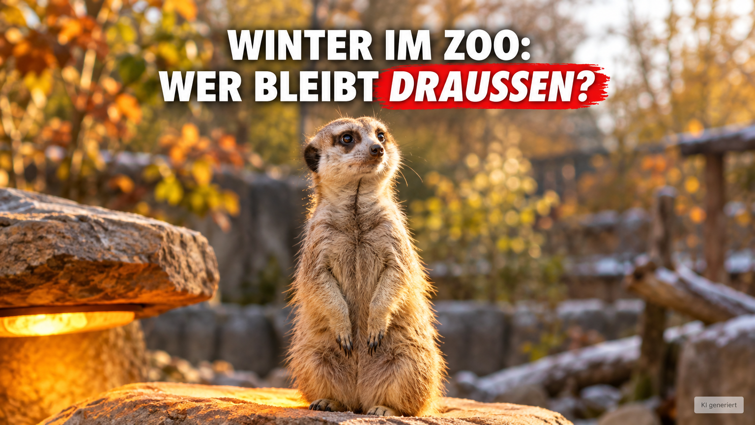 Ein Erdmännchen genießt die Wärmeplatten bei den Wintervorbereitungen im Frankfurter Zoo an einem sonnigen Herbsttag.