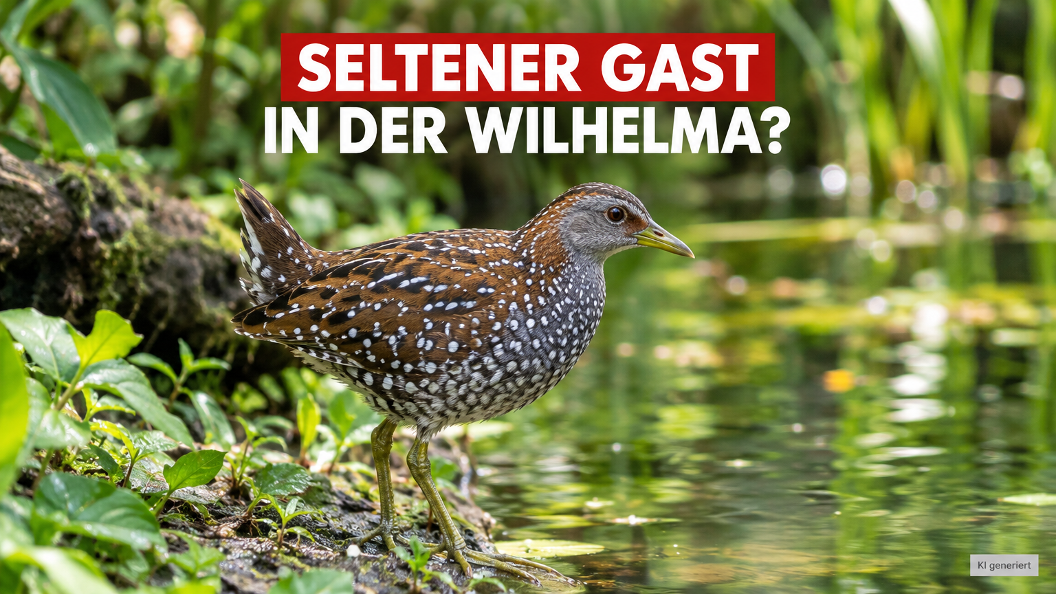 Ein seltenes Tüpfelsumpfhuhn in der Wilhelma Stuttgart am Ufer eines Teichs