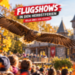 Ein majestätischer Adler im Flug während der Flugshow im Vogelpark Marlow Herbstferien Programm.