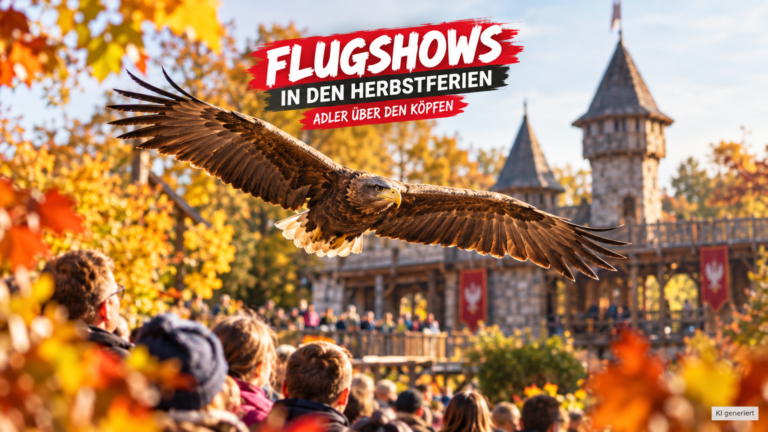 Ein majestätischer Adler im Flug während der Flugshow im Vogelpark Marlow Herbstferien Programm.