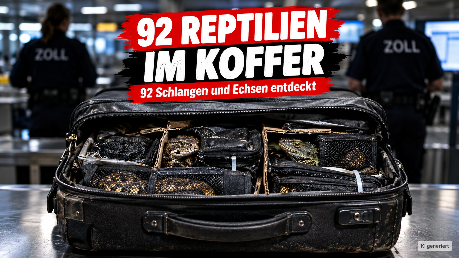 Zollbeamte haben am Flughafen Köln/Bonn mehr als 90 Schlangen und Echsen in Koffer entdeckt, die unter grausamen Bedingungen geschmuggelt wurden.