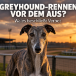 Ein stolzer Greyhound vor einer Rennbahn als Symbol für das Verbot von Greyhound-Rennen in Wales.
