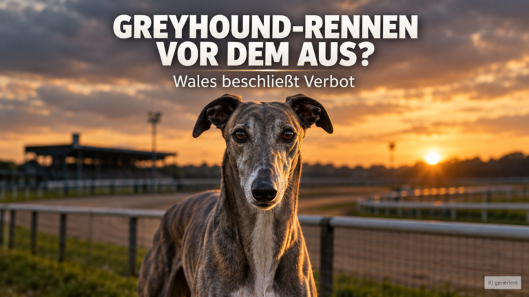 Ein stolzer Greyhound vor einer Rennbahn als Symbol für das Verbot von Greyhound-Rennen in Wales.