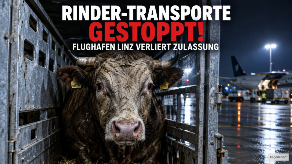 Ein Rind in einer engen Transportbox bei einem Rindertransporte per Flugzeug gestoppt Einsatz am Flughafen Linz.