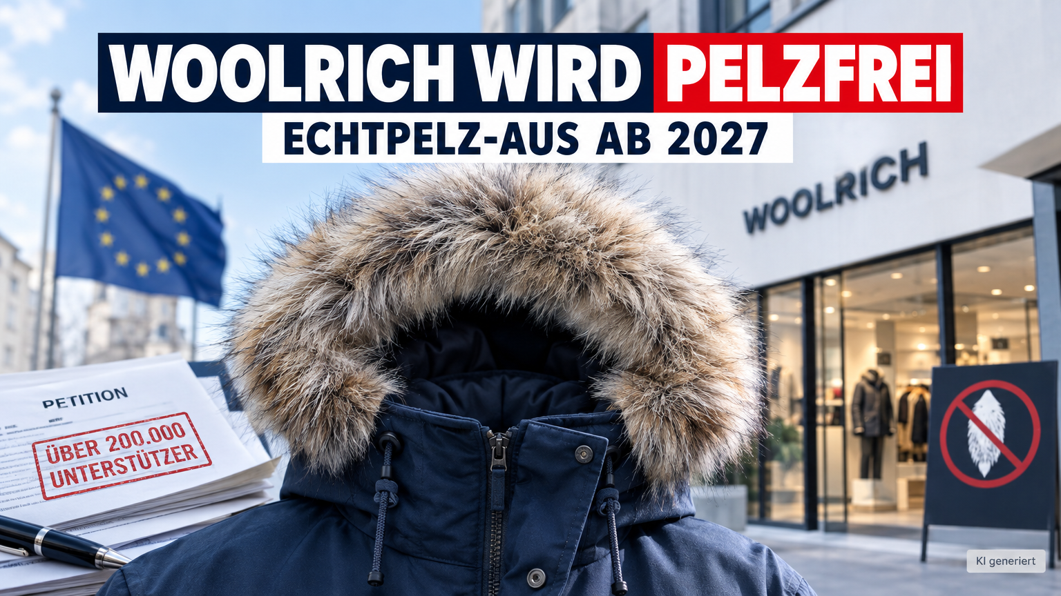 Eine moderne Winterjacke mit Kunstfellbesatz symbolisiert, dass Woolrich wird pelzfrei.