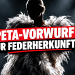 Stilisierte Modeaufnahme einer Person in einem Federkleid als Symbol für den Vorwurf von PETA Asien bezüglich der Herkunft von Federn.