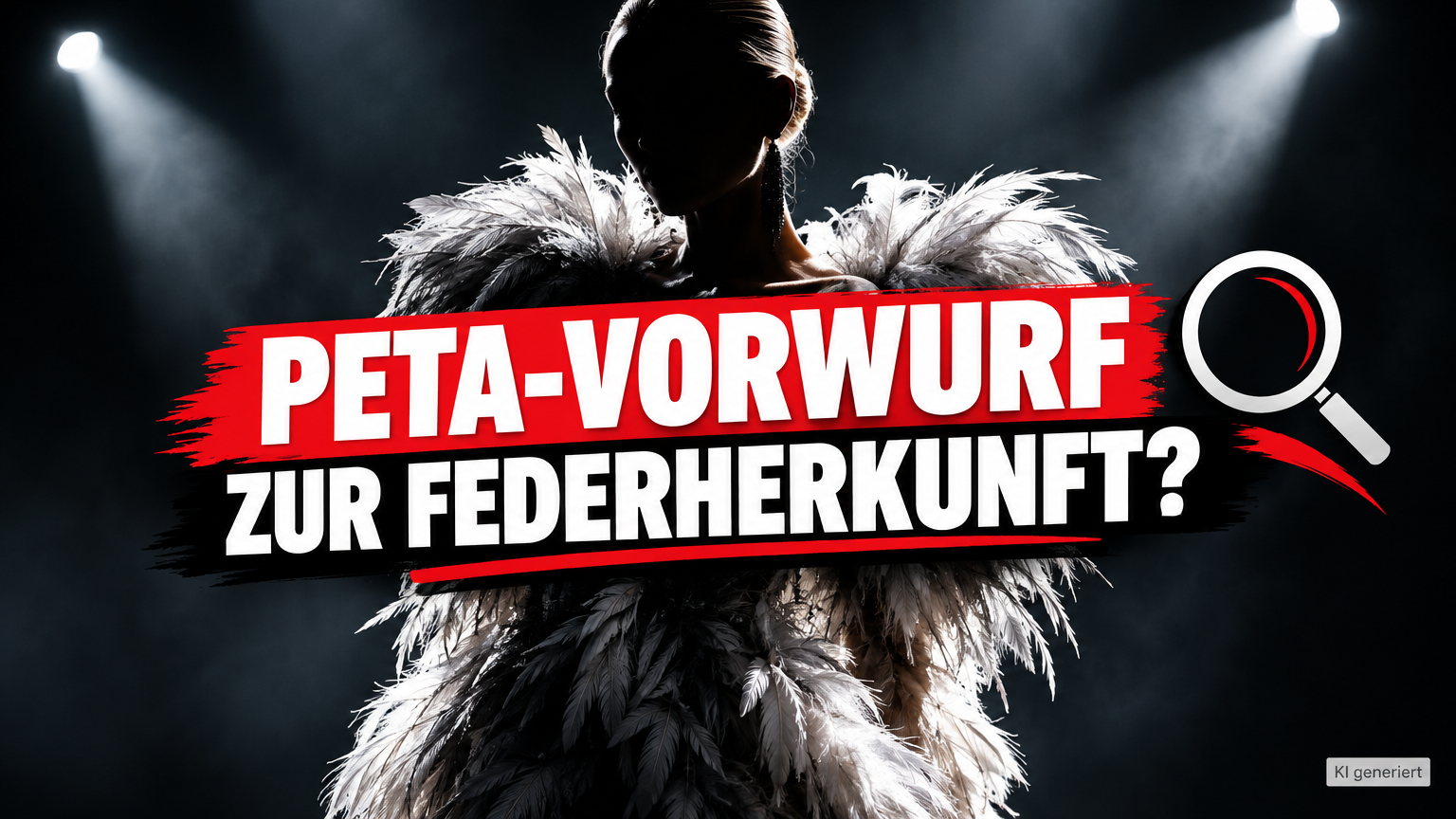 Stilisierte Modeaufnahme einer Person in einem Federkleid als Symbol für den Vorwurf von PETA Asien bezüglich der Herkunft von Federn.