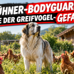 Ein wachsamer Herdenschutzhund fungiert als Schutzhunde als Bodyguards für Hühner auf einer grünen Weide.