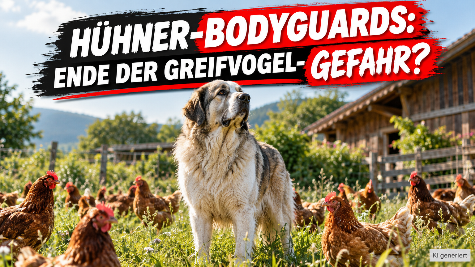 Ein wachsamer Herdenschutzhund fungiert als Schutzhunde als Bodyguards für Hühner auf einer grünen Weide.