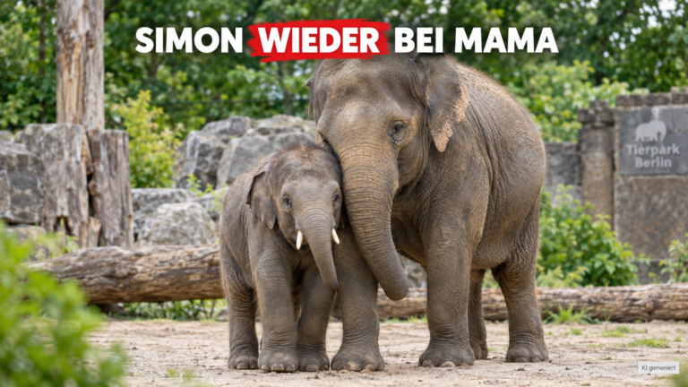 Der zweijährige Elefantenbulle Simon steht nach seiner erfolgreichen Stoßzahn-OP glücklich bei seiner Mutter im Tierpark Berlin.