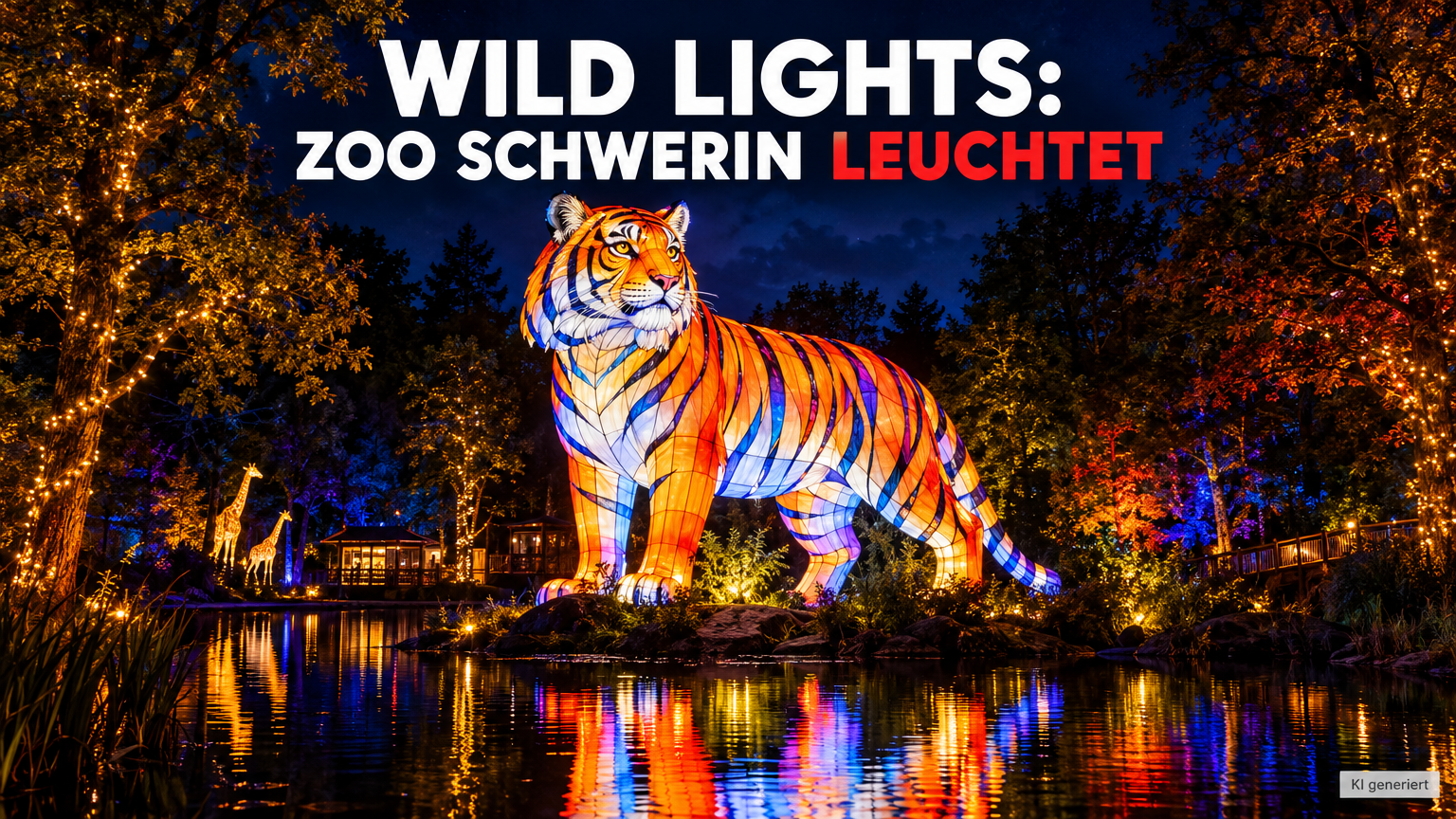 Wild Lights im Zoo Schwerin: Lichtfestival startet am 9. Oktober 1 KI-generiertes Symbolbild. Eine leuchtende Tier-Skulptur bei den Wild Lights im Zoo Schwerin in einer nächtlichen Parklandschaft.