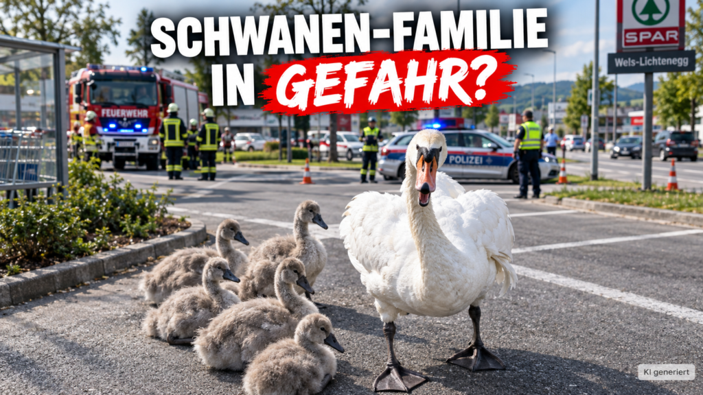 KI-generiertes Symbolbild. Übersiedlungsaktion für siebenköpfige Schwanenfamilie in Wels-Lichtenegg