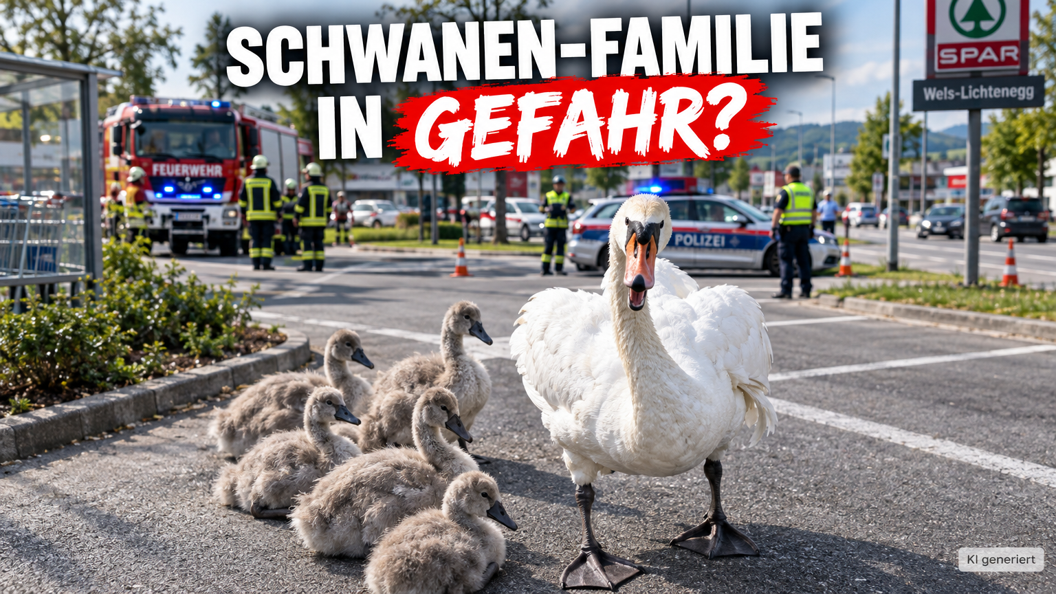 KI-generiertes Symbolbild. Übersiedlungsaktion für siebenköpfige Schwanenfamilie in Wels-Lichtenegg