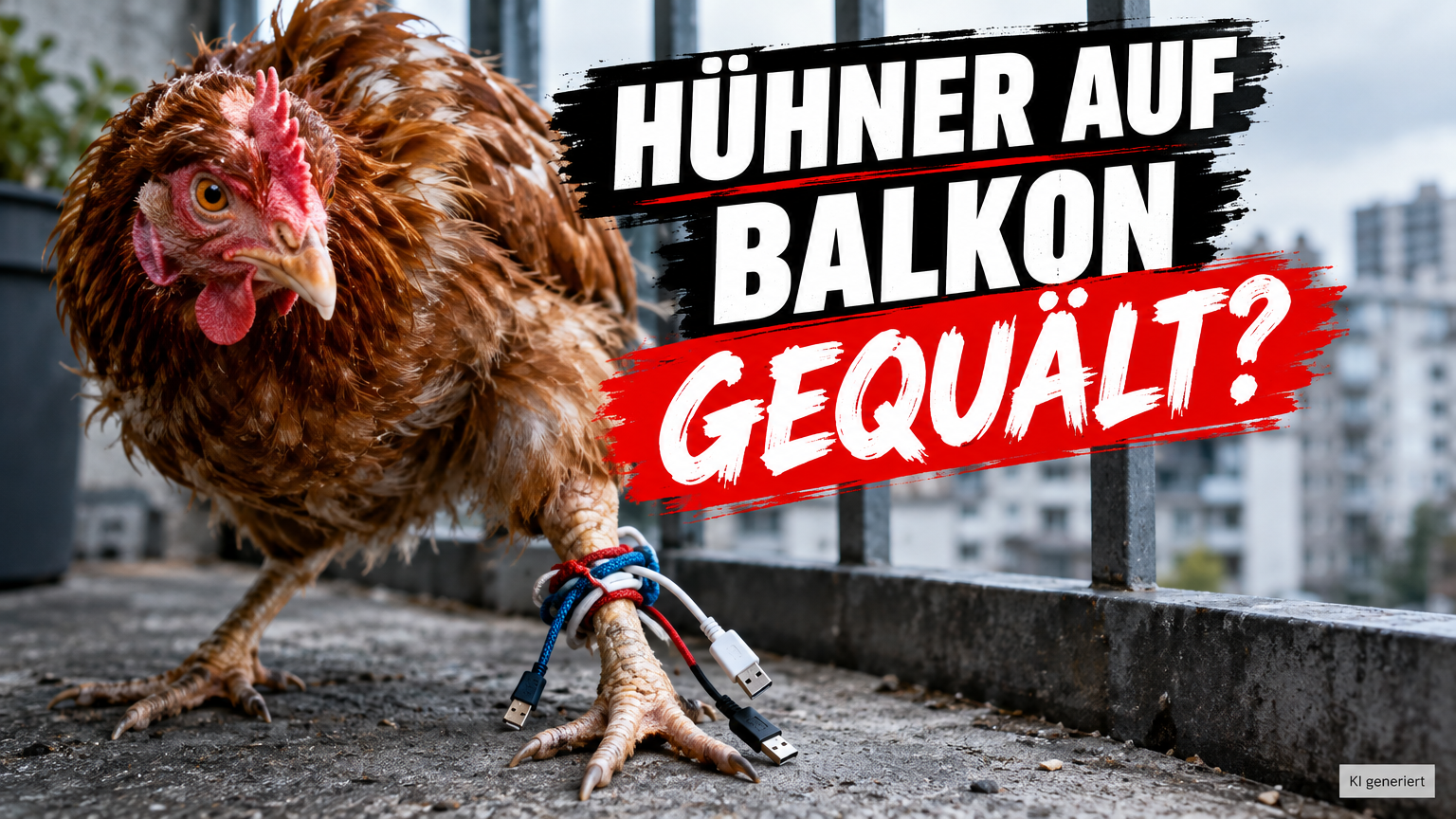 KI-generiertes Symbolbild. Hühner auf dem Balkon in Bremen: Polizei befreit vier angebundene Tiere