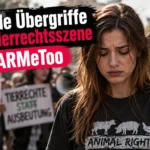 KI-generiertes Symbolbild zu #ARMeToo: Eine junge Tierrechtsaktivistin wirkt bedrückt, während ein männlicher Aktivist sie von hinten mustert. Im Hintergrund findet eine Tierrechtsdemonstration statt.