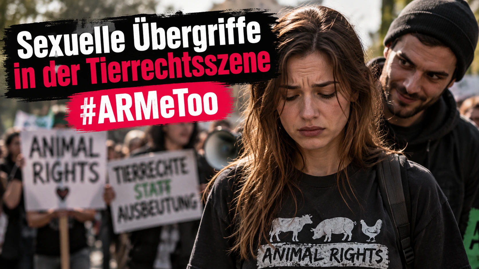 KI-generiertes Symbolbild zu #ARMeToo: Eine junge Tierrechtsaktivistin wirkt bedrückt, während ein männlicher Aktivist sie von hinten mustert. Im Hintergrund findet eine Tierrechtsdemonstration statt.