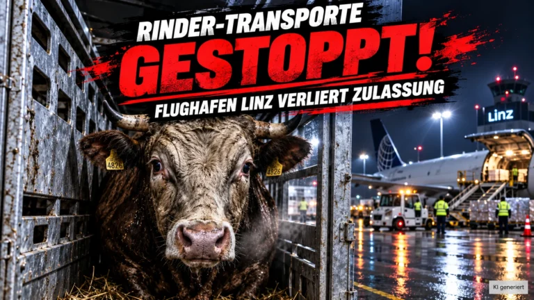 Rindertransporte per Flugzeug gestoppt: Rind in einer Transportbox vor einem Frachtflugzeug am Flughafen Linz.