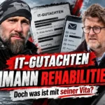 Robert Marc Lehmann und Bürgermeister Sven Partheil-Böhnke vor Küstenkulisse mit IT-Gutachten, E-Mails und der Schlagzeile zur angeblichen Rehabilitierung.