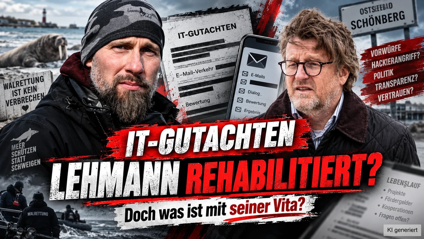 Robert Marc Lehmann und Bürgermeister Sven Partheil-Böhnke vor Küstenkulisse mit IT-Gutachten, E-Mails und der Schlagzeile zur angeblichen Rehabilitierung.