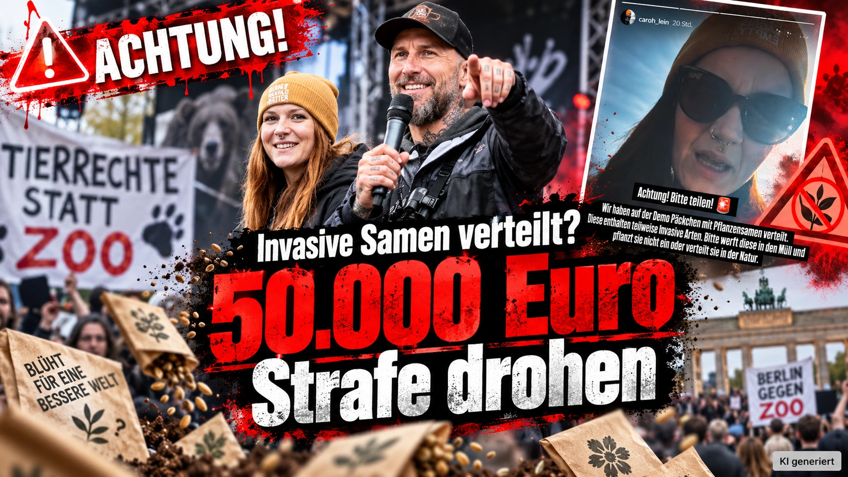 Robert Marc Lehmann Demo: Invasive Samen verteilt – droht jetzt ein Naturschutzverfahren? 1 Robert Marc Lehmann und Caroh Weber bei der Anti-Zoo-Demo neben Warnhinweisen zu invasiven Samen und möglichem Bußgeld – Robert Marc Lehmann Demo.