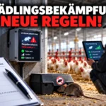 Schädlingsbekämpfung im Geflügelstall: Ratte neben einer Köderstation, digitales Schädlingsmonitoring und Mitarbeiter bei der Kontrolle.