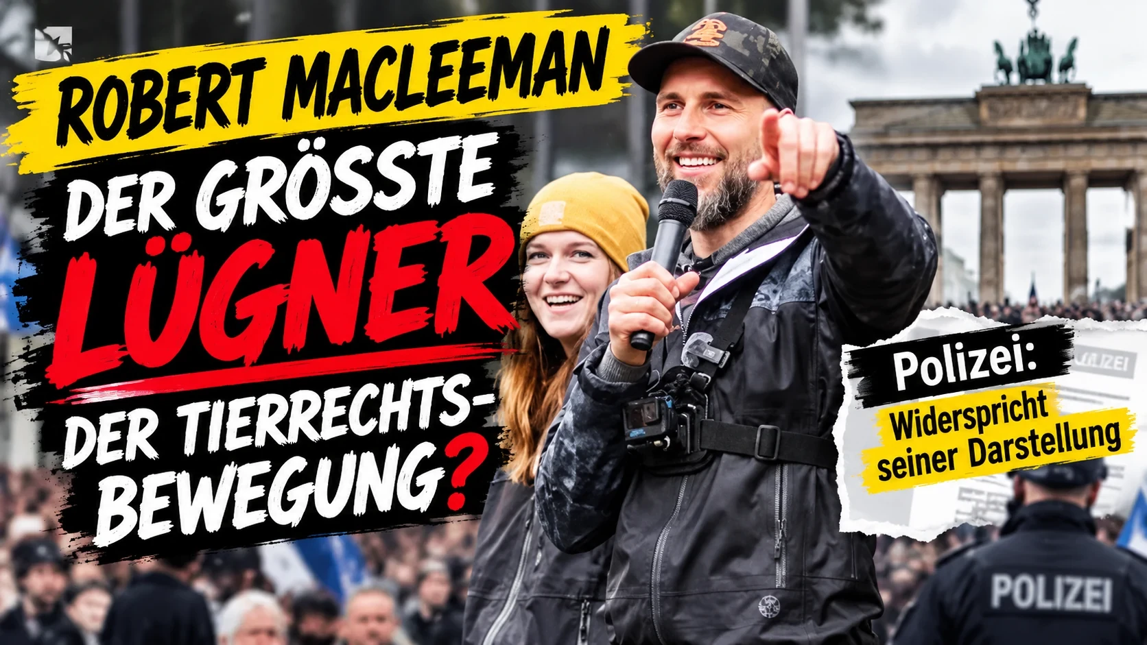 Robert Marc Lehmann bei einer Anti-Zoo-Demonstration in Berlin. Das GERATI-Titelbild thematisiert widersprüchliche Aussagen und die Polizeifakten zur Veranstaltung.