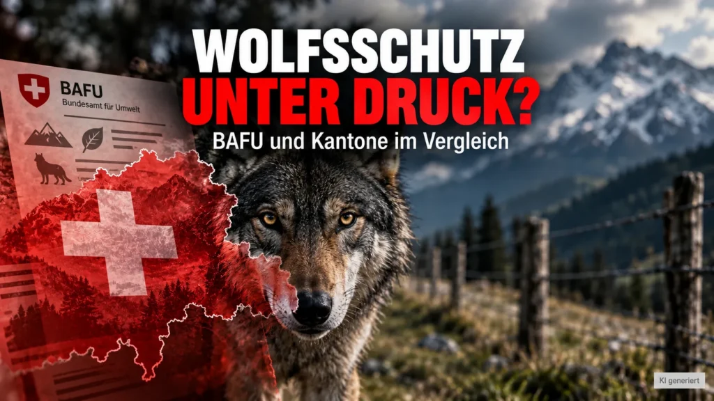 Podcast-Kritik zu Jagd und Wolf: Ein Wolf vor Schweizer Alpenkulisse, dazu eine Schweizer Karte und die Schlagzeile „Wolfsschutz unter Druck?“.