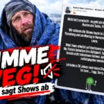 Robert Marc Lehmann sagt Shows ab: Mit erschöpftem Gesicht hält er seine Krankmeldung in die Kamera. GERATI-Titelbild mit „Stimme weg!“.