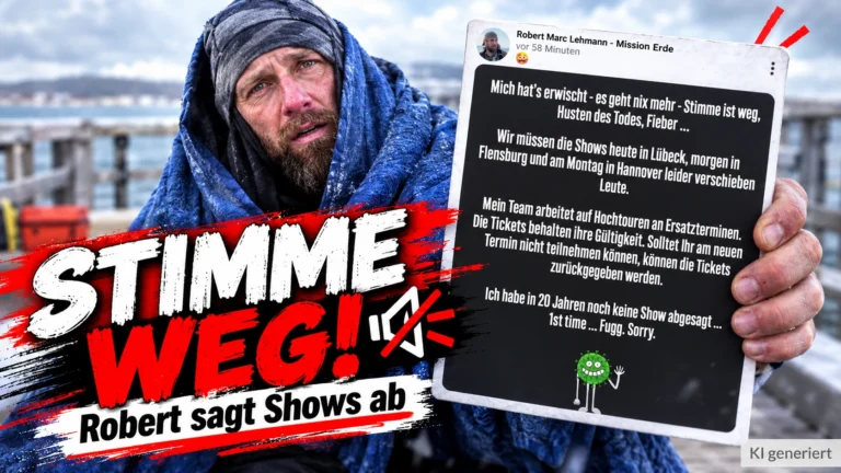 Robert Marc Lehmann sagt Shows ab: Mit erschöpftem Gesicht hält er seine Krankmeldung in die Kamera. GERATI-Titelbild mit „Stimme weg!“.