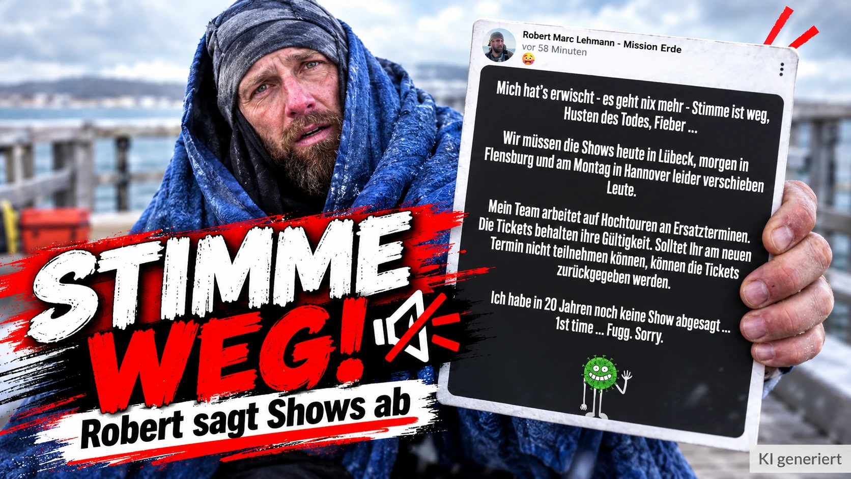 Robert Marc Lehmann sagt Shows ab – Karma hat offenbar einen Tourneeplan 1 Robert Marc Lehmann sagt Shows ab: Mit erschöpftem Gesicht hält er seine Krankmeldung in die Kamera. GERATI-Titelbild mit „Stimme weg!“.