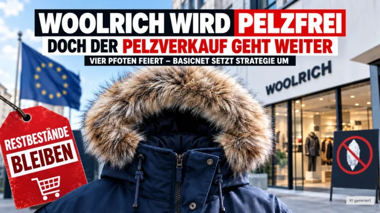 Woolrich wird pelzfrei: Winterparka mit Pelzbesatz vor einem Woolrich-Geschäft. Trotz Pelzausstieg ab 2027 dürfen Restbestände weiterverkauft werden.