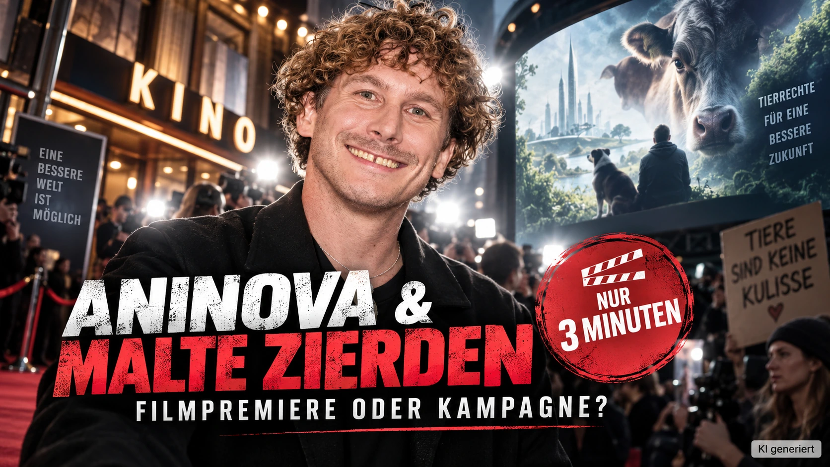 ANINOVA Filmpremiere mit Malte Zierden vor Kino-Kulisse und Hinweis auf den dreiminütigen Kampagnenfilm