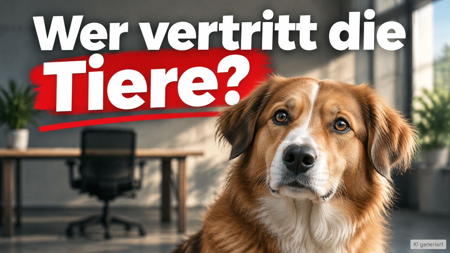 KI-generiertes Symbolbild zu Antoine F. Goetschel im NZZ-Interview: braun-weißer Hund vor einem Büroschreibtisch mit der Überschrift „Wer vertritt die Tiere?“.