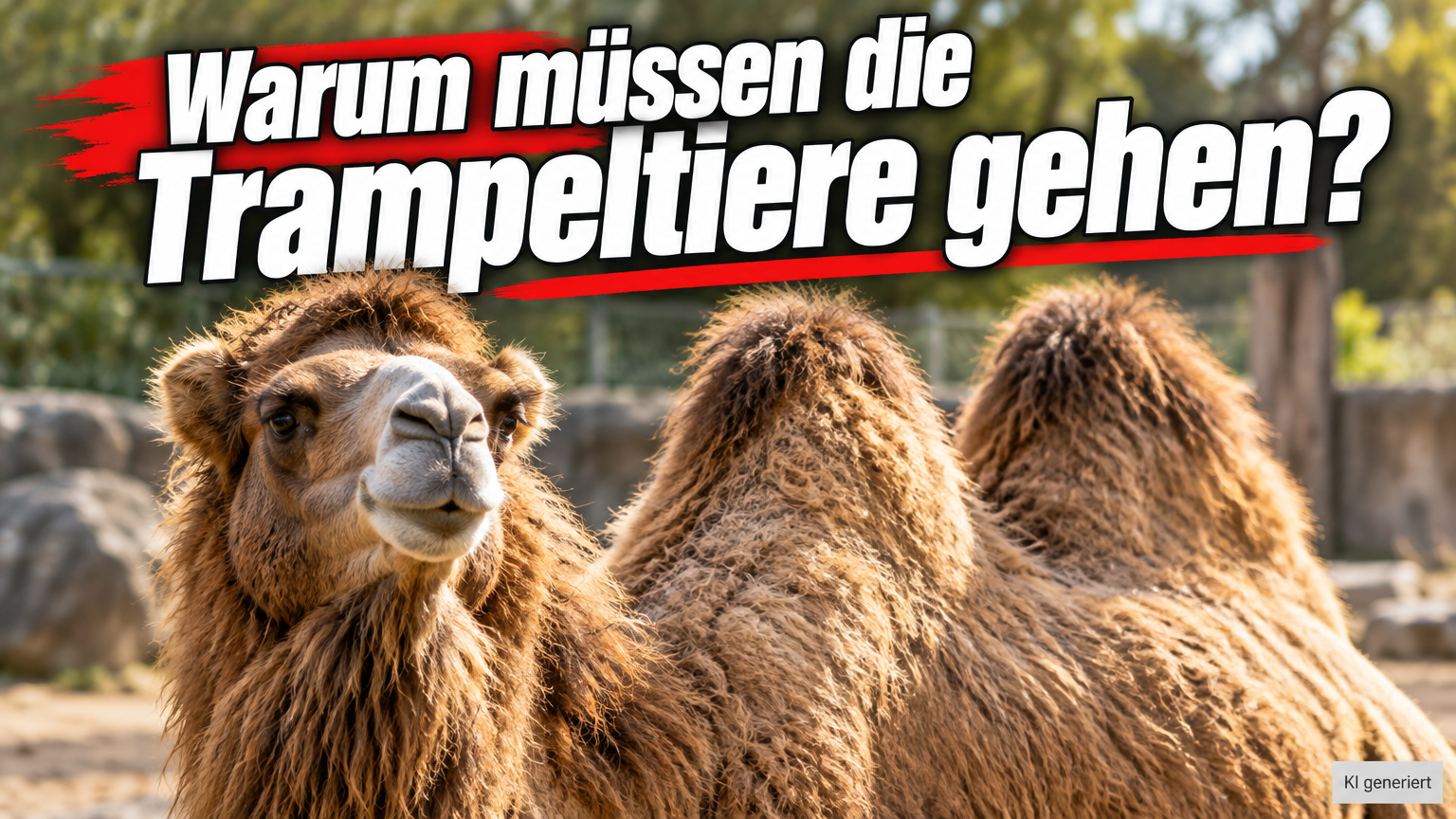 KI-generiertes Symbolbild zum Artenwechsel im Zoo Zürich: Trampeltier mit zwei Höckern vor einer Gehegekulisse und der Überschrift „Warum müssen die Trampeltiere gehen?“.