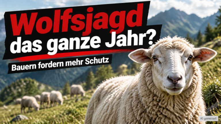 KI-generiertes Symbolbild zur Bauernversammlung in Pfunds: Schaf vor einer Bergweide mit weiteren Schafen und der Überschrift „Wolfsjagd das ganze Jahr?“.