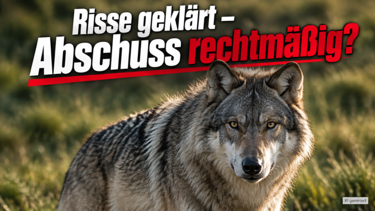 KI-generiertes Symbolbild: grauer Wolf vor unscharfem Grün, dazu „Risse geklärt – Abschuss rechtmäßig?“; Themenbezug: DNA-Nachweis zum getöteten Wolf im Pitztal.